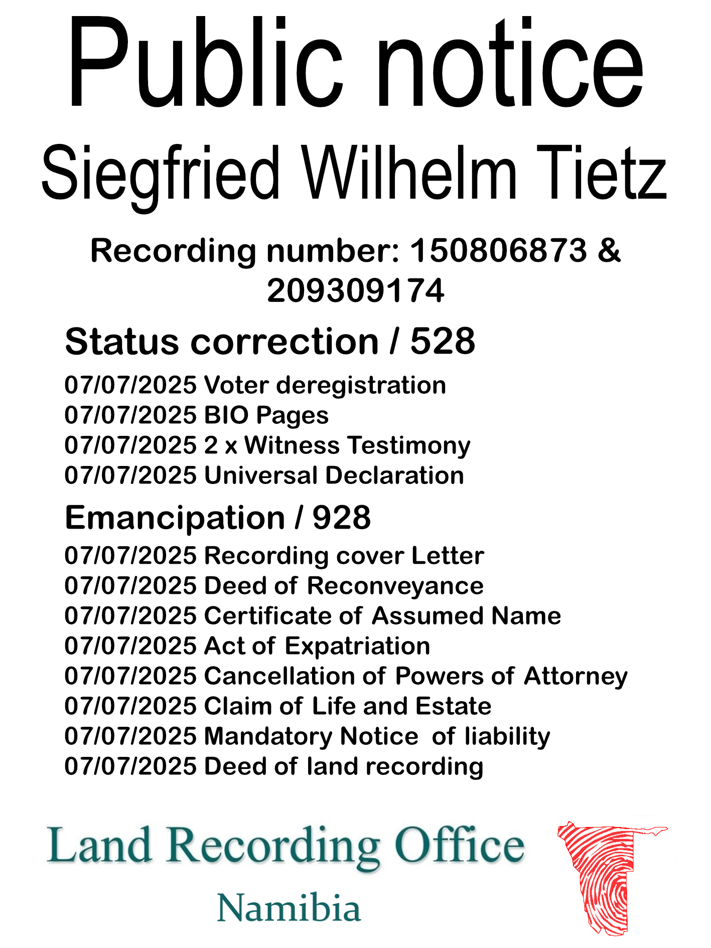 Public Notice Siegfried Wilhelm Tietz (c) Recording number 150806873 & 209309174